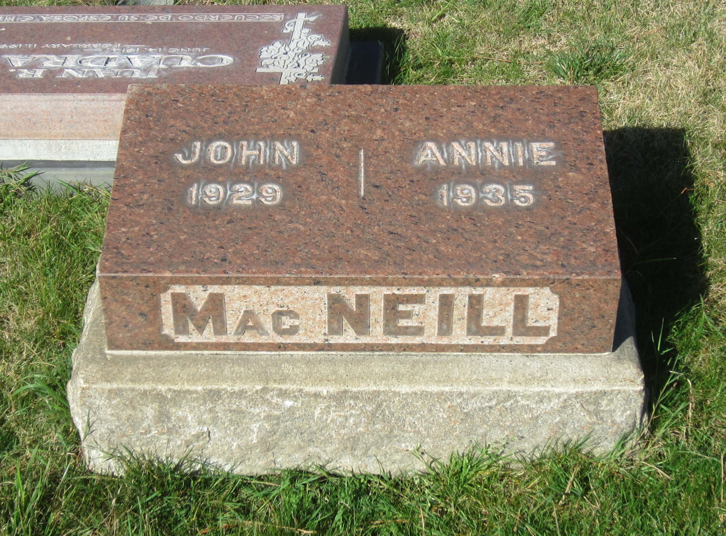 Photo of headstones/Annie MacNeill d1935 hdstn Colma Olivet Mem Pk CA
